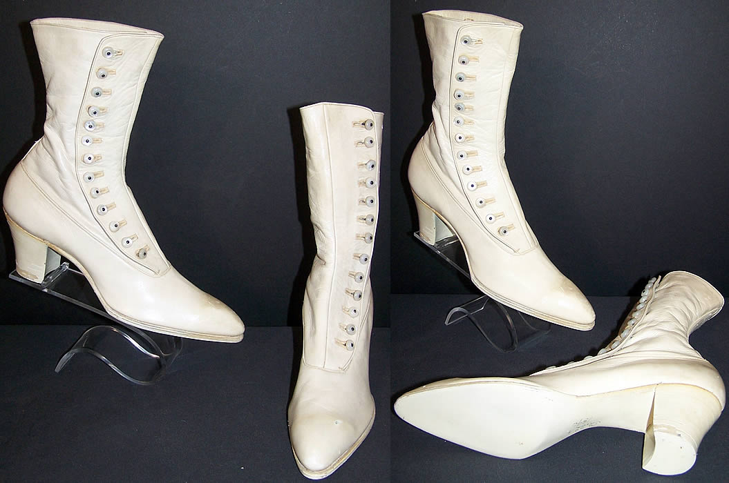 Unworn Victorian White Leather High Top Button Boots Close up.