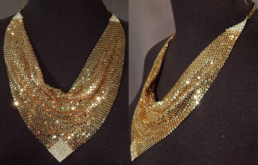 Vintage Whiting & Davis Gold Metal Mesh Rhinestone Bib Necklace Scarf Collar
This vintage Whiting and Davis gold metal mesh rhinestone bib necklace scarf collar dates from the 1980s. It is made of a gold metal mesh chain mail with gold prong set rhinestone trim triangle corners.
