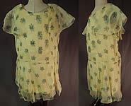 Vintage Girls Yellow Organdy Blue Floral Print Capelet Drop Waist Dress & Slip
