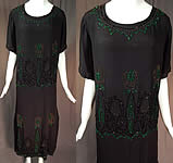 Vintage Art Deco Black Silk Crepe Emerald Green Beaded Floral Flapper Dress
