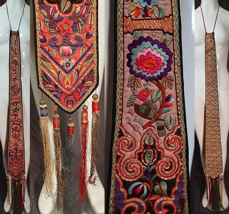 Antique Chinese Silk Embroidery Gold Couching Robe Panel Scarf Tassel Trim
This antique Chinese silk embroidery gold couching robe panel scarf tassel trim dates from the 1920s. It is made of colorful silk fabric appliqu&eacute; pieces with raised padded satin stitch hand embroidery work of birds, butterflies, flowers and gold metallic thread couching work accents, which tiny red stitches hold the couching work together giving it a contrasting copper color appearance. 