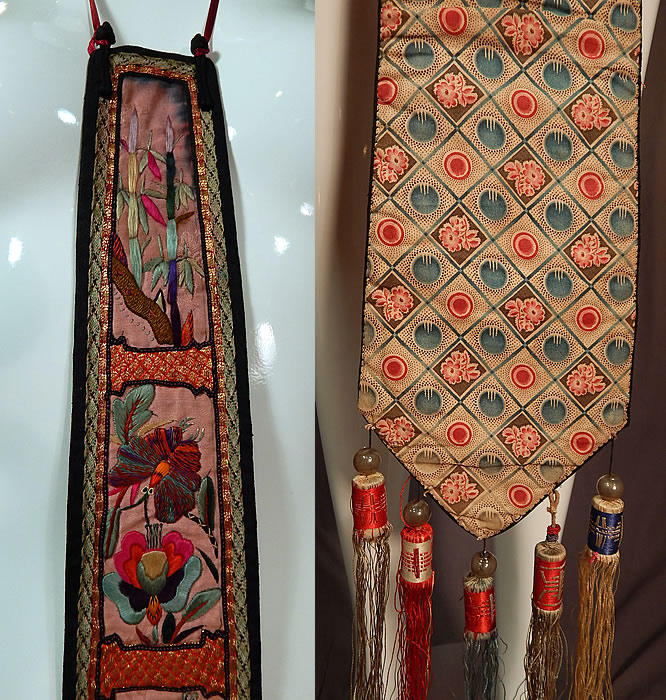 Antique Chinese Silk Embroidery Gold Couching Robe Panel Scarf Tassel Trim
There are colorful silk tassels with blown glass clear beads hanging down from the bottom end. This lovely long lappet scarf style panel might have been used as trimming on a robe, skirt or wall hanging. It has a long narrow tapering style, wider at the bottom, backed in a colorful cotton print fabric, has tassel trim on the bottom and black silk trim edging with knotted buttons at the top for attaching. It measures 41 inches long, with an additional 11 inch long tassel trim and is 5 1/2 inches wide at the bottom 2 inches wide at the top. It is in good as-is condition, missing one glass bead and has some black dye discoloration bleeding at the top (see close-ups). 