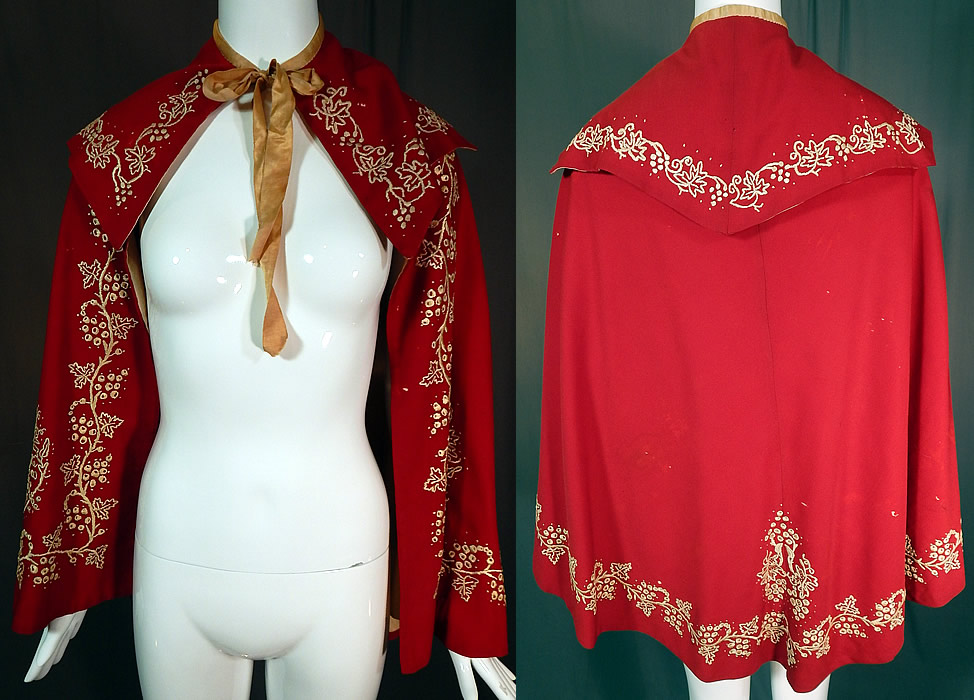 Victorian Red Wool White Embroidered Grape Vine Leaf Winter Cloak Cape
This antique Victorian era red wool white embroidered grape vine leaf winter cloak cape dates from 1900. It is made of a red fine wool fabric, with white raised padded satin stitch hand embroidered grape vine leaf designs edging it.