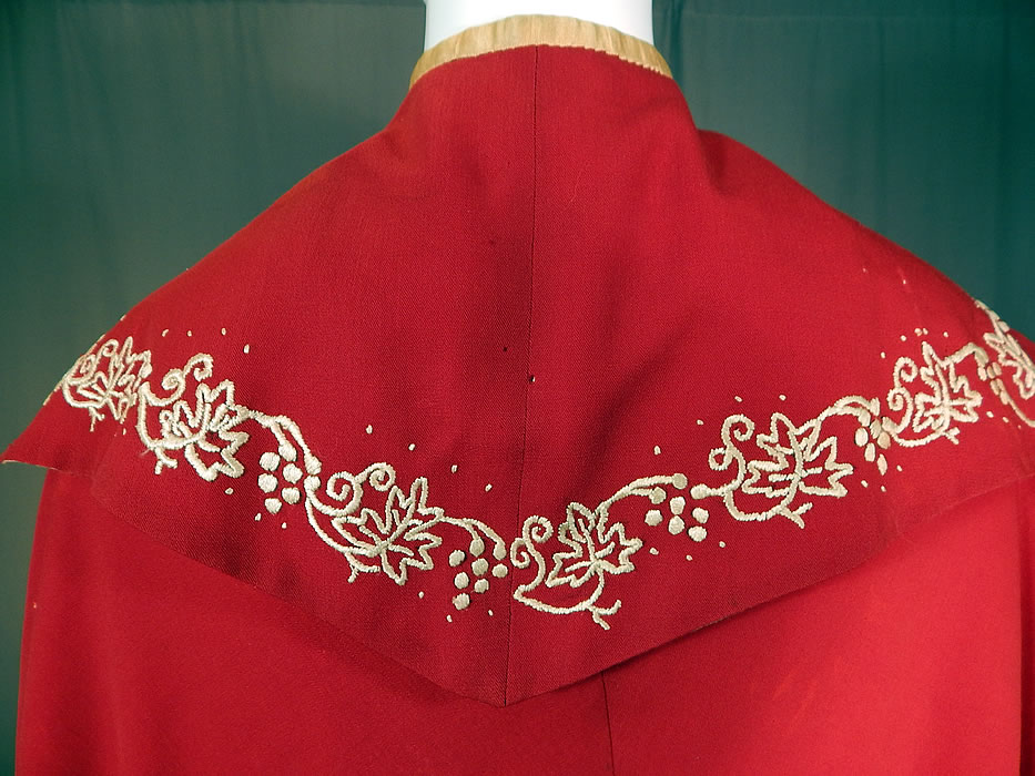 Victorian Red Wool White Embroidered Grape Vine Leaf Winter Cloak Cape
The cape measures 35 inches long and 17 inches across the back shoulders. 