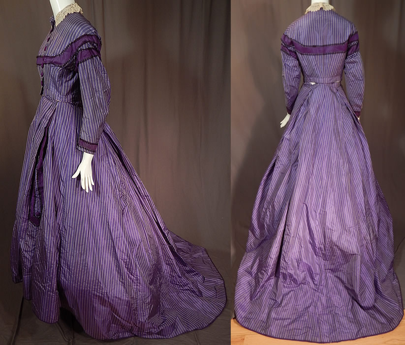 Victorian Civil War Purple Lavender Stripe Silk Hoop Skirt Train Ball Gown Dress
It is hand stitched made of a bright purple color mauveine aniline dye and lighter lavender color striped silk taffeta fabric. 