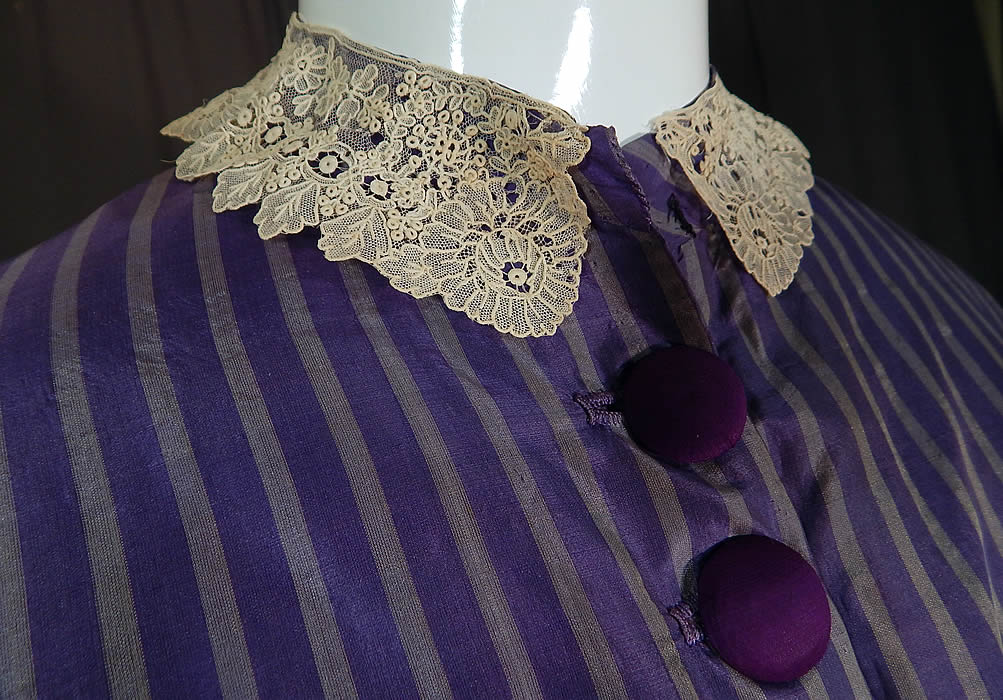 Victorian Civil War Purple Lavender Stripe Silk Hoop Skirt Train Ball Gown Dress
here is black lace trim edging the top, sleeve cuffs, skirt and a white Brussels point de gaze lace collar. 