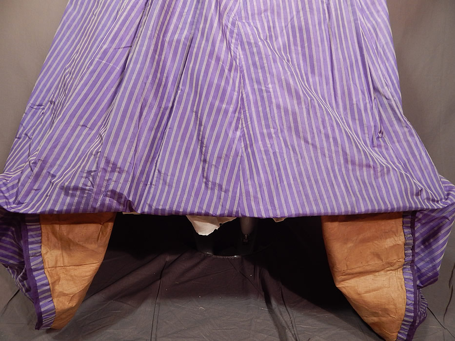 Victorian Civil War Purple Lavender Stripe Silk Hoop Skirt Train Ball Gown Dress
This is truly a rare, museum quality piece of wearable Civil War antique Victoriana textile art! 