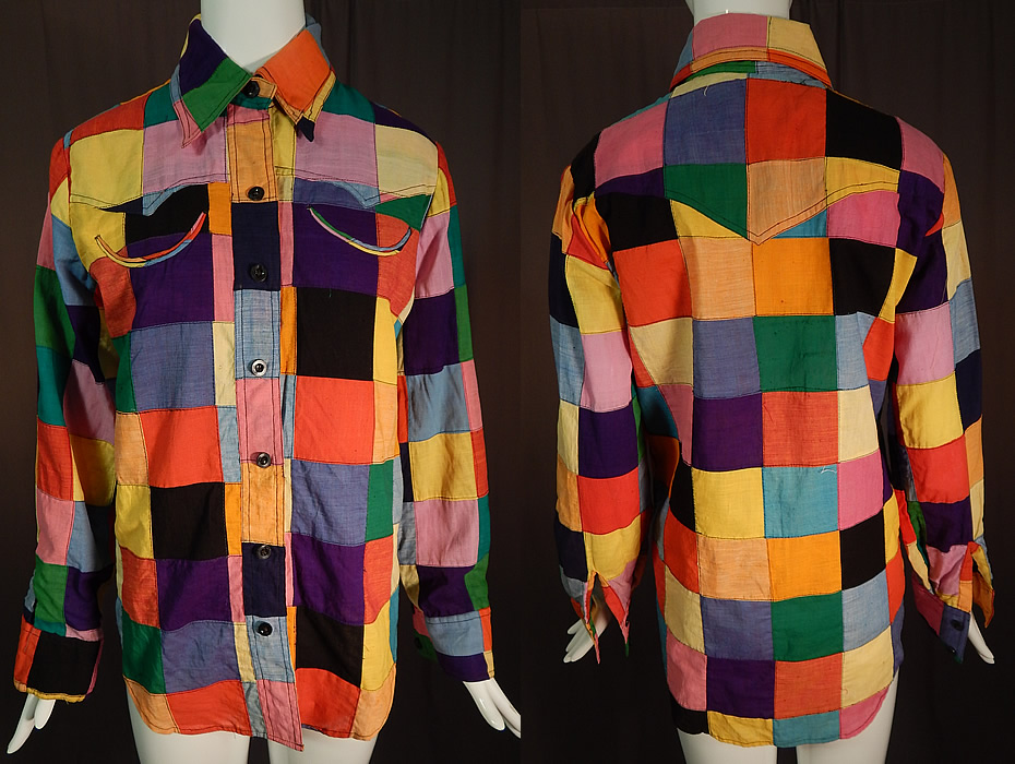 Vintage Like Me Authentic Hand Woven India Madras Patchwork Womens Shirt Blouse
This vintage Like Me authentic hand woven India Madras patchwork womens shirt blouse dates from the 1970s. It is made of hand woven colorful cotton Madras fabrics done in a patchwork of squares design.
