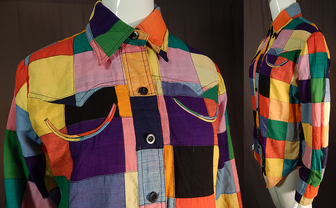 Vintage Like Me Authentic Hand Woven India Madras Patchwork Womens Shirt Blouse
This womens colorful boho blouse button down shirt has a fold over collar, long sleeves with button cuffs, half circle, smiley face breast pockets and is unlined. 