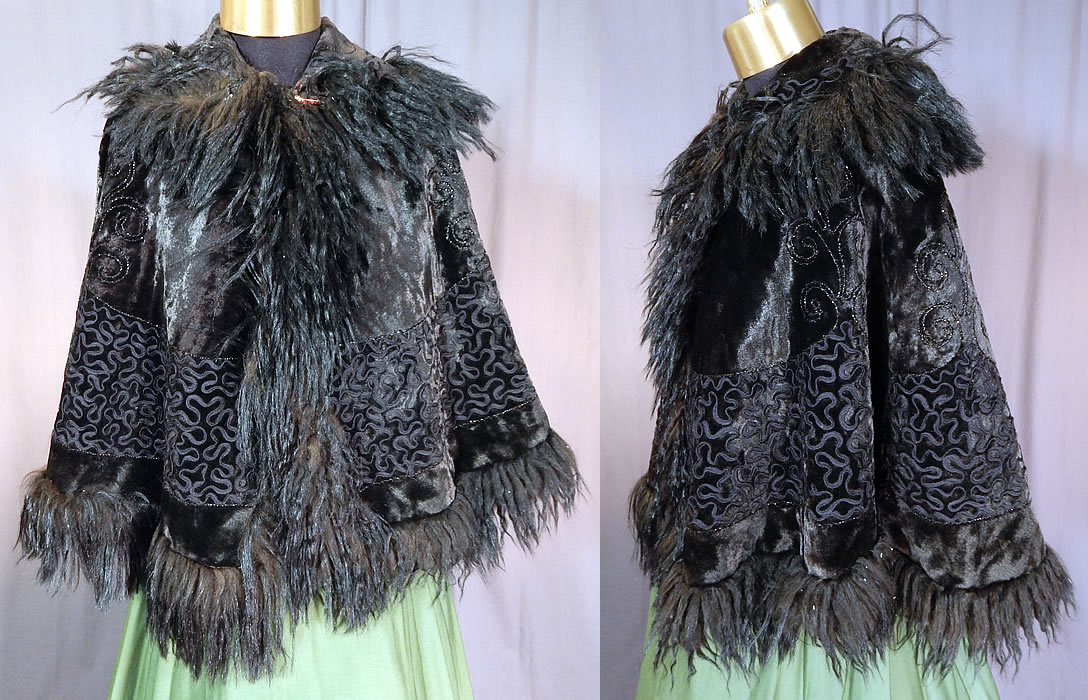 Victorian Black Plush Velvet Jet Beaded Soutache Fur Trim Winter Cloak Cape
This antique Victorian era black plush velvet jet beaded soutache fur trim winter cloak cape dates from 1890.
