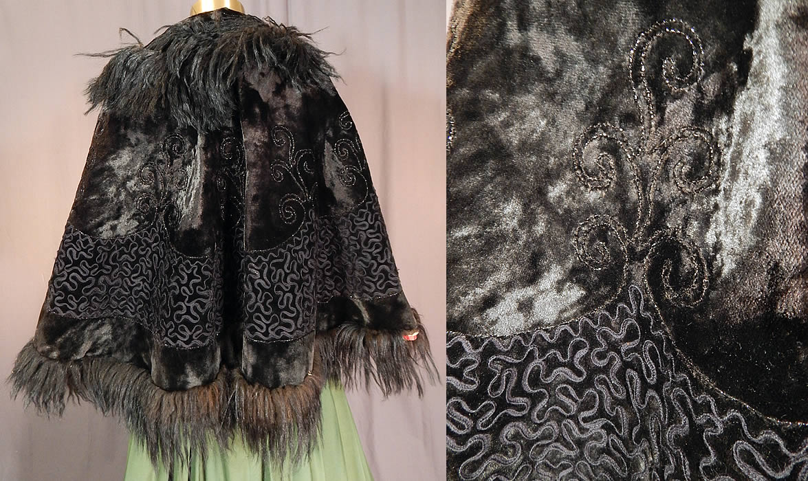 Victorian Black Plush Velvet Jet Beaded Soutache Fur Trim Winter Cloak Cape
The cape measures 22 inches long, 20 inches across the shoulders and has a 14 inch neck. 