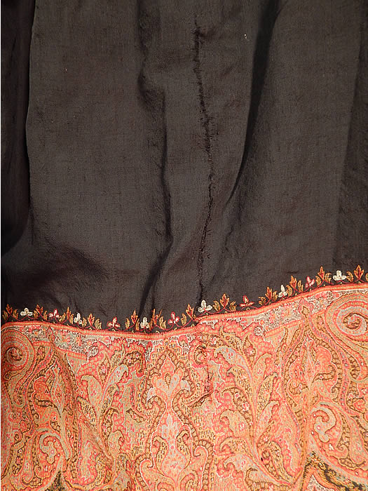 Victorian Antique Wool Signed Kashmir Paisley Shawl Collar Cloak Cape
It is in good as-is condition, with several small holes, mostly on the black back center and a mended repair on the bottom back (see close-up).