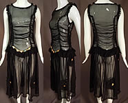 Vintage Ruched Black Silk Chiffon Lace Pink Rosette Trim Drop Waist Dress
