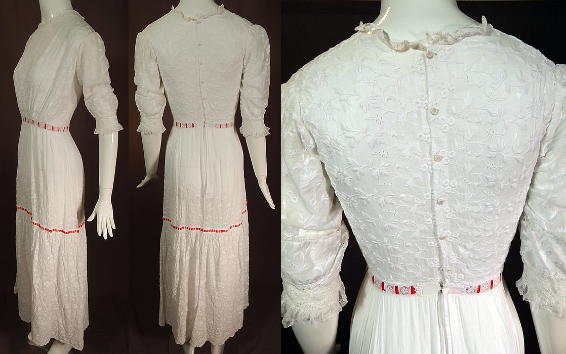 Edwardian White Cotton Batiste Floral Eyelet Embroidered Lace Lawn Dress Tea Gown
The dress measures 53 inches long, with a 36 inch bust, 24 inch waist and 12 inch back. It is in excellent condition. This is truly a wonderful piece of wearable antique lace art which could also be worn as a wedding or graduation dress!