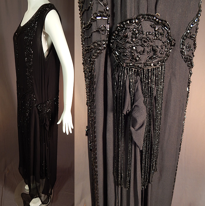 Vintage Art Deco Black Silk Beaded Butterfly Fringed Flapper Dress
There are black beaded medallions and fringe along the sides. This fabulous flapper dress evening gown has a loose fitting, drop waist, straight shift style, sleeveless, beaded rounded scoop necklines and is fully lined with a black silk slip lining sewn inside.