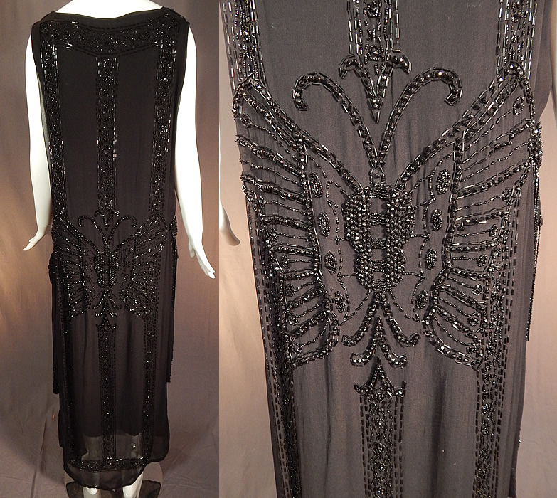 Vintage Art Deco Black Silk Beaded Butterfly Fringed Flapper Dress
The dress measures 56 inches long, with a 42 inch bust, 42 inch waist and 42 inch hips. It is in good condition, with only a loose missing beads. This is truly an exceptional piece of Art Deco wearable beaded textile art!