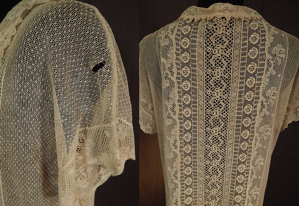 Vintage Embroidered Cream Net Filet Crochet Mixed Lace Drop Waist Shift Dress
The dress measures 41 inches long, with a 36 inch bust, 34 inch waist and 36 inch hips. It is in good condition, with a small frayed rip on one sleeve (see close-up). This is truly an exquisite piece of wearable lace art!