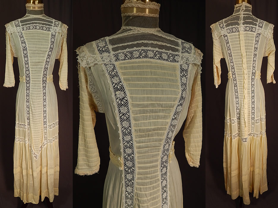 Victorian Yellow Cream Cotton Batiste White Lace Lawn Dress Tea Gown
