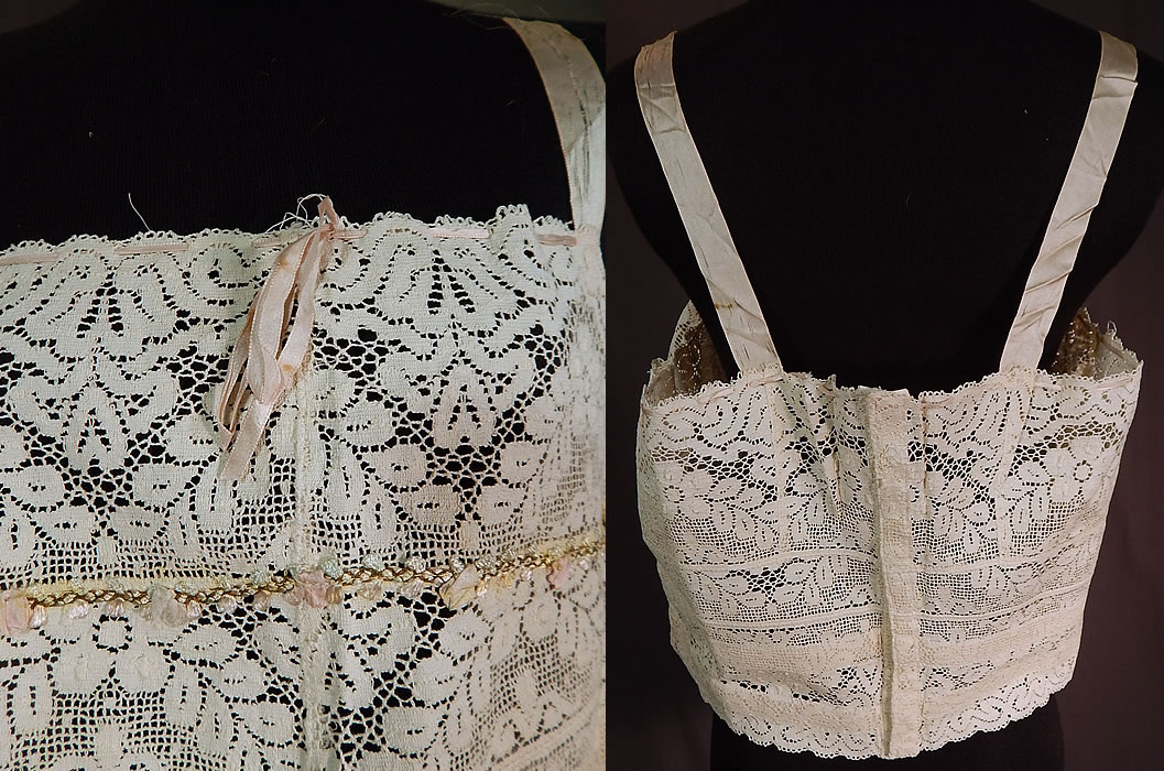 Vintage Bien Jolie Brassiere White Filet Lace Rosette Camisole Bra Bandeau Top
This beautiful brassiere bra bandeau top has a short cropped camisole style, with pink silk ribbon shoulder straps, a pink silk ribbon woven around the adjustable drawstring neckline, a hook strap hanging down the front for attaching to a skirt, hook closures down the back and is sheer unlined. 