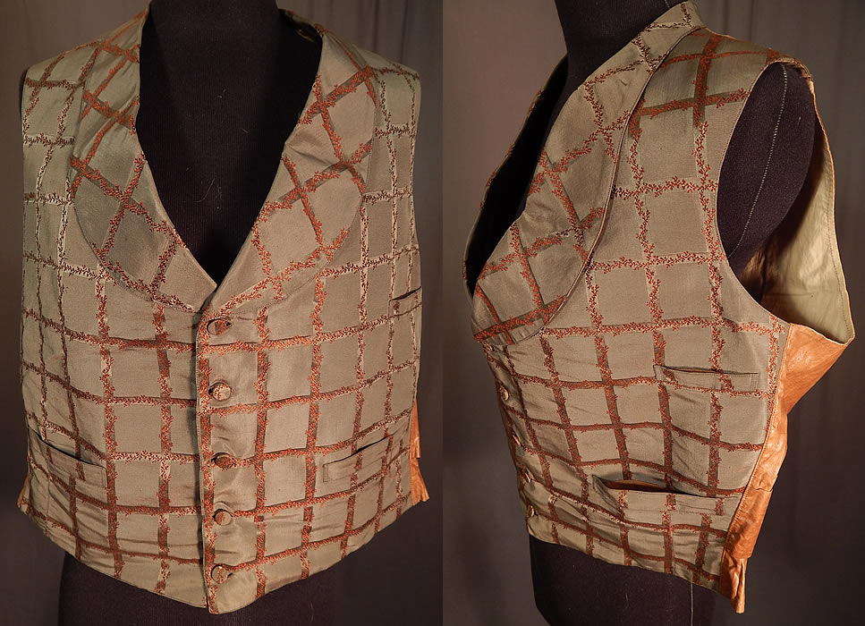 Victorian Gentleman's Grid Lattice Trellis Vine Silk Damask Brocade Waistcoat Vest
This dapper gentleman's waistcoat vest has a rounded fold over lapel collar, three front pockets and silk fabric covered buttons for closure on the front and is fully lined in white cotton fabric with an inside breast pocket. The vest measures 19 inches long, with a 40 inch chest and 32 inch waist.