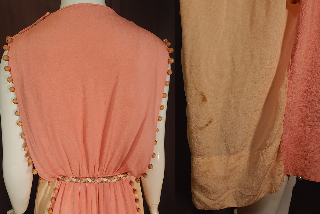 Vintage Grecian Goddess Pink Silk Crepe Wood Beaded Belted Tabard Tunic Dress
The dress measures 51 inches long, with a 36 inch bust, 28 inch waist and 56 inch hips. It is in good as-is condition, with only a small faint stain and frayed hole on the bottom side skirt (see close-up). This is truly a rare and wonderful piece of wearable art!