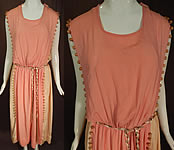Vintage Grecian Goddess Pink Silk Crepe Wood Beaded Belted Tabard Tunic Dress

