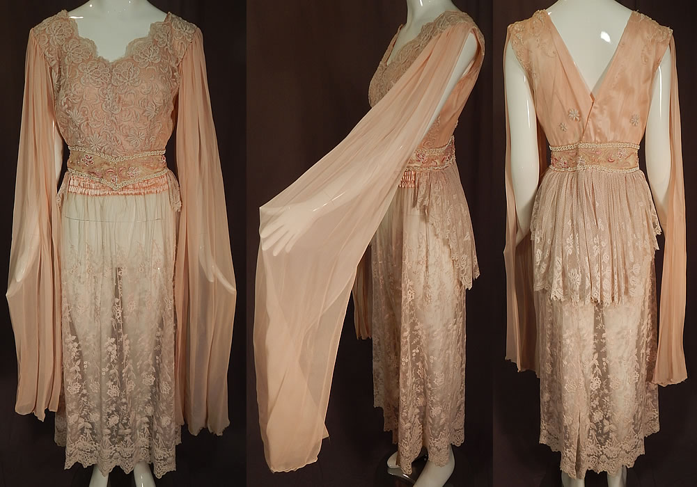 Vintage Pink Net Tambour Embroidery Lace Dress Kimono Sleeve Blouse & Skirt
This vintage 1930s inspired pink net tambour embroidery lace dress kimono sleeve blouse and skirt dates from the 1980s. It is made of a patchwork variety of antique lace fabrics and trims, with a pale pink sheer net lace fabric fine tambour stitch embroidery work done in a floral vine leaf pattern design.