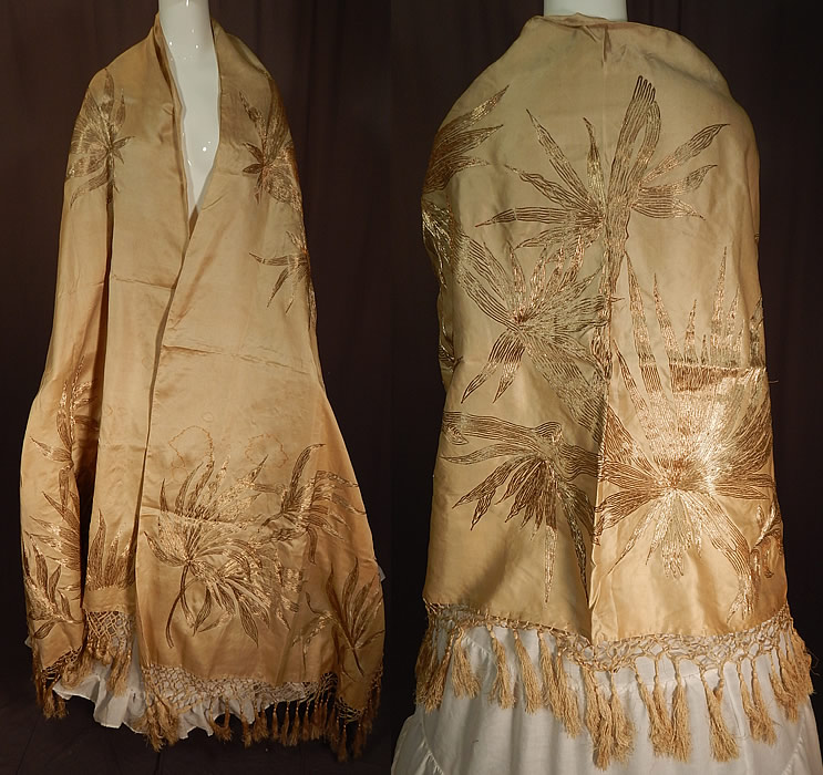 Vintage Art Nouveau Silk Silver Gold Lam&eacute; Embroidered Piano Shawl Scarf Stole Wrap
This vintage Art Nouveau silk, silver, gold lam&eacute; embroidered piano shawl scarf stole wrap dates from 1910. It is made of an off white ivory cream color fine silk fabric, with silver and gold metallic lam&eacute; thread embroidered abstract floral leaf design.