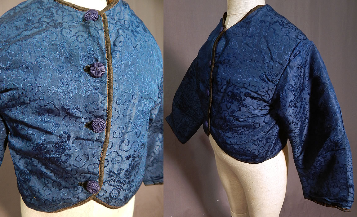 Victorian Antique Chinese Blue Silk Damask Brocade Quilted Boys Child Coat Jacket
It is made of a dark royal blue color silk damask weave with auspicious symbols, Eight Buddhist Emblems, clouds of smoke woven pattern brocade fabric. 