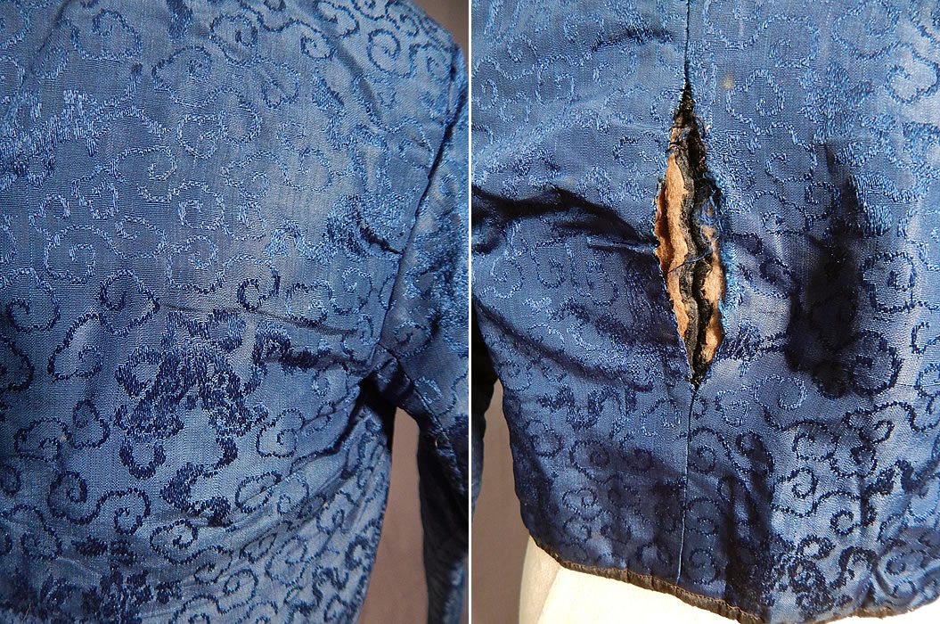 Victorian Antique Chinese Blue Silk Damask Brocade Quilted Boys Child Coat Jacket
This is truly a rare and wonderful piece of wearable antique Chinese textile art made for the Western market! 