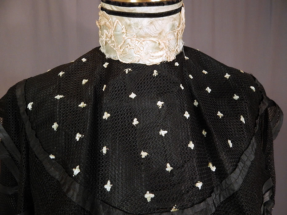 Victorian Black Mesh Net Silk Ribbon Stripe Gown Bodice Skirt Train Dress
The skirt measures 37 inches long in the front, 52 inches long in the back, with a 22 inch waist. 