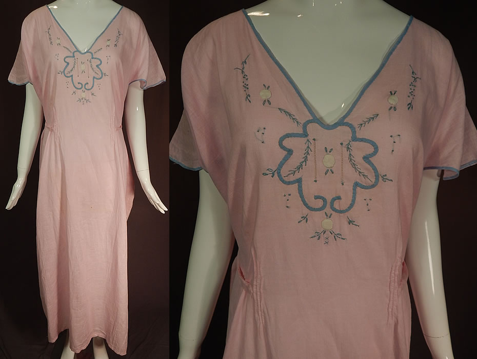 Vintage Peer Nities Hand Made Porto Rico Pink Linen Embroidered Nightgown NWT
This vintage Peer Nities hand made Porto Rico pink linen embroidered nightgown dates from the 1920s. It is hand made of a pink linen fabric, with blue, white cotton appliqu&eacute; embroidery work and drawn cutwork done in a floral medallion pattern design.