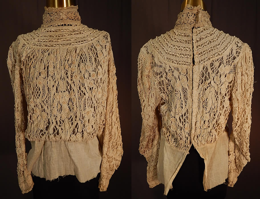 Edwardian Antique Cream Cluny Bobbin Lace Peplum Blouse Shirt Top
This antique Edwardian era cream cluny bobbin lace peplum blouse shirt top dates from 1905. It is made of an off white cream color cotton linen sturdy strong hand made cluny bobbin lace with a geometric, pointed wheatears, wheel pattern design and connecting braided meshwork brides. 