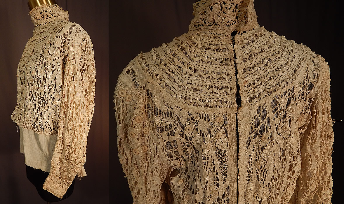 Edwardian Antique Cream Cluny Bobbin Lace Peplum Blouse Shirt Top
It is in good as-is condition, with a few small breaks in the lace and has not been cleaned, with several small faint discoloration stains scattered. This is truly a wonderful piece of antique textile lace wearable art! 