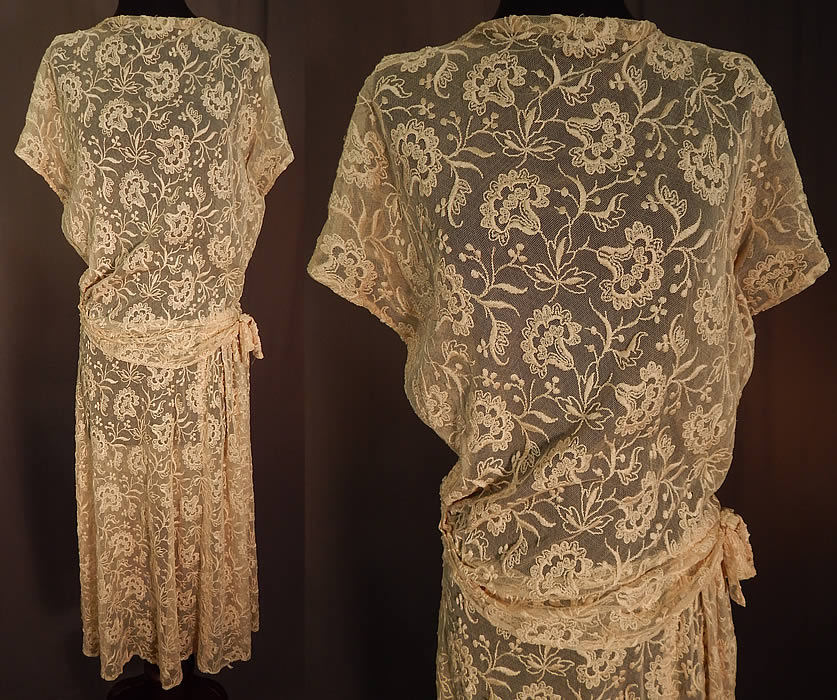Vintage Cream Tulle Net Tambour Embroidery Floral Lace Belted Dress
This vintage cream tulle net tambour embroidery floral lace belted dress dates from the 1930s. It is made of an off white cream color sheer tulle net fabric with tambour chain stitch and raised padded satin stitch embroidery work lace done in a floral vine leaf pattern design. 