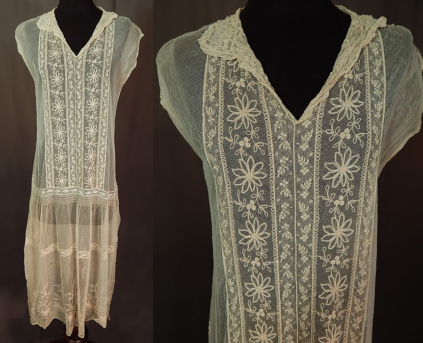 Vintage Cream Tambour Embroidery Lace Net Drop Waist Chemise Shift Dress
This vintage cream tambour embroidery lace net drop waist chemise shift dress dates from the 1920s. It is made of an off white cream color sheer tulle net fabric, with tambour embroidery work done in a floral vine leaf design and lace trim inserts. 