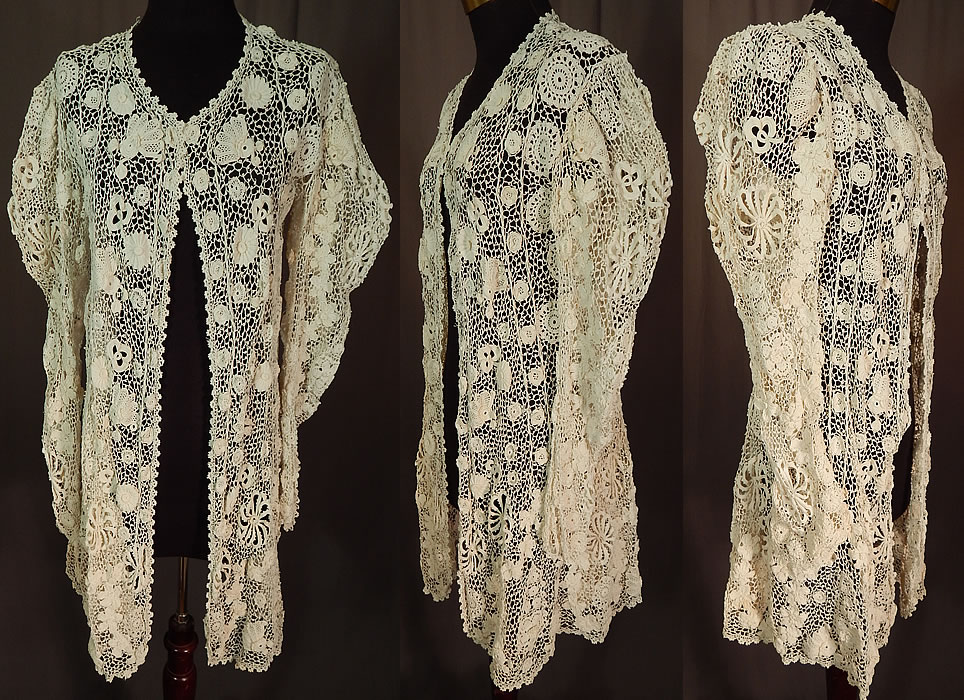 Victorian Antique White Irish Crochet Lace Long Coat Mutton Sleeve Jacket
This exquisite antique Victorian era white Irish crochet lace long coat mutton sleeve jacket dates from 1900. It is made of a white handmade Irish crochet lace with a dense heavily created raised three dimensional flower leaf design, connecting thread picot ornamented bars, detailed meshwork and scalloped lace trim edging.