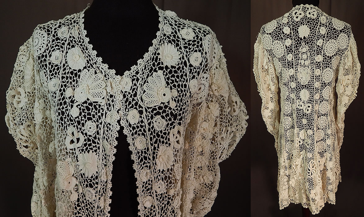 Victorian Antique White Irish Crochet Lace Long Coat Mutton Sleeve Jacket
This lovely lace coat jacket is long mid length, with a loose fitting open front, no closure, a tailored fitted back, long leg of mutton gigot style sleeves with fitted cuffs coming to a point, and is sheer, unlined