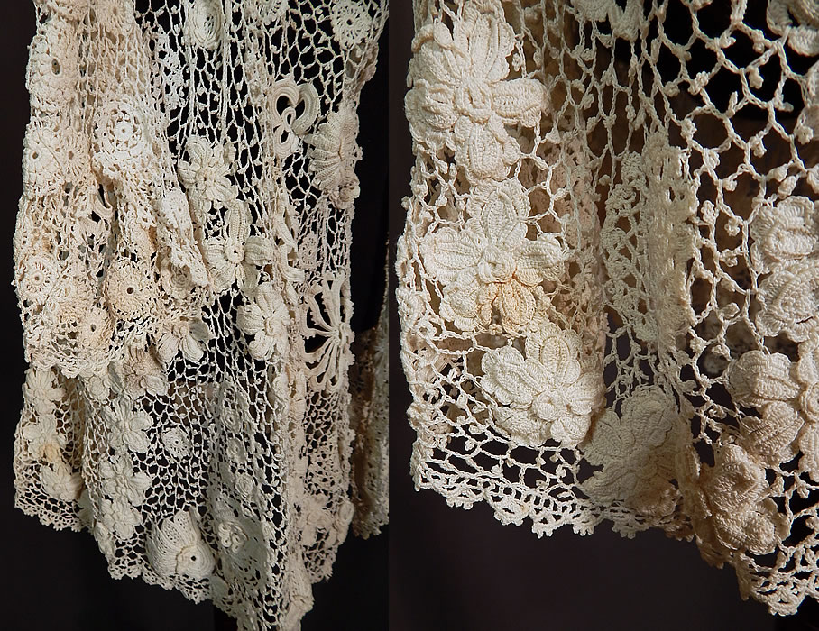 Victorian Antique White Irish Crochet Lace Long Coat Mutton Sleeve Jacket
It is in good condition, but has not been laundered with only a faint small age spot stain on the bottom back side hem (see close-up). This is truly a rare and exceptional, quality made piece of wearable antique Irish crochet lace art!