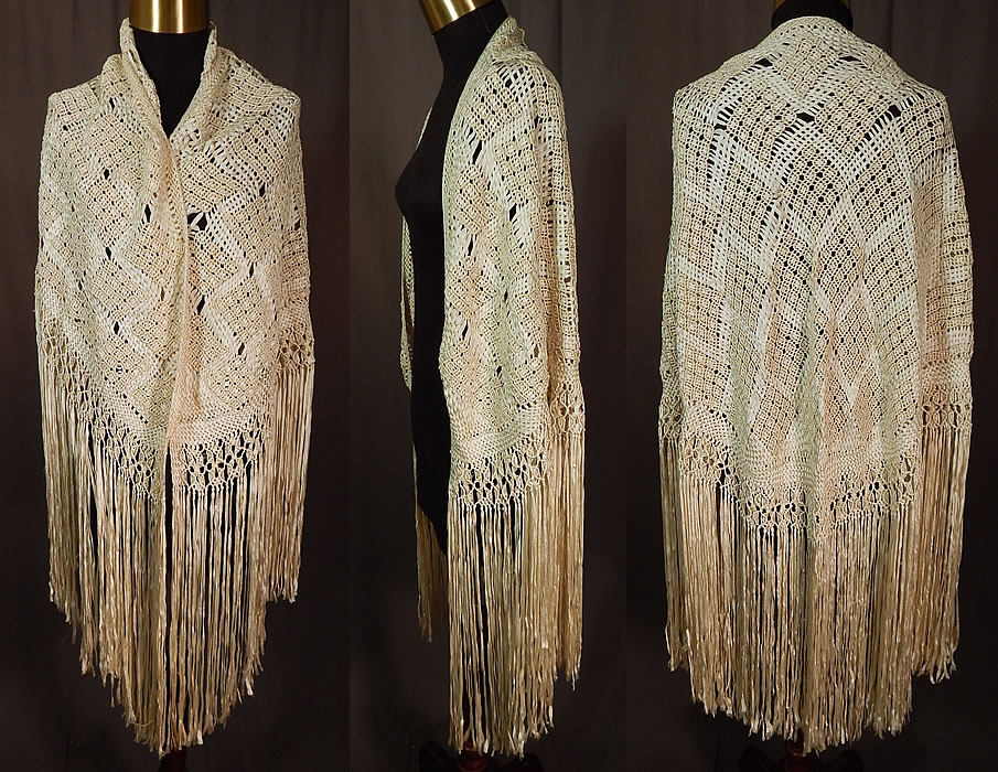 Vintage White Boho Macrame Crochet Silk Ribbon Fringe Flapper Wedding Shawl
This vintage white boho macrame crochet silk ribbon fringe flapper wedding shawl dates from the 1920s. It is made of a white silk ribbon work fabric, with macrame crochet woven decorative designs. 