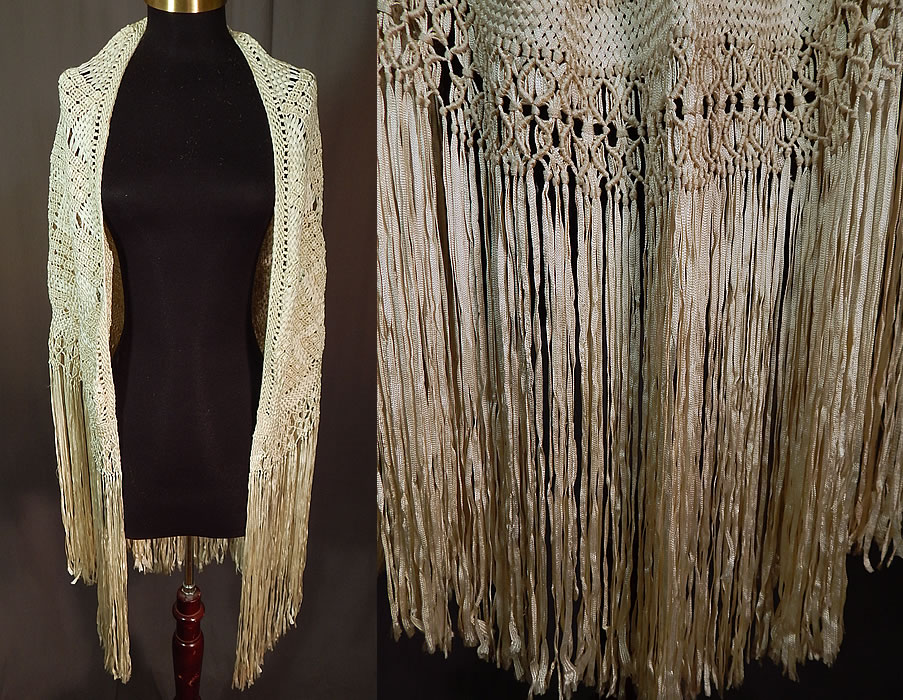 Vintage White Boho Macrame Crochet Silk Ribbon Fringe Flapper Wedding Shawl
This fabulous flapper wedding shawl scarf wrap has a half circle crescent shape, with hand knotted white silk fringe along the sides and bottom only. 