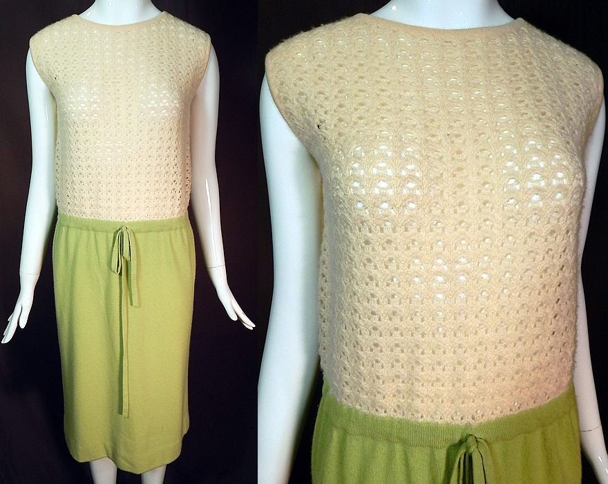 Vintage Pringle Scotland Cashmere Crochet Knit Sweater Shift Dress Pencil Skirt
This vintage Pringle Scotland cashmere crochet knit sweater shift dress dates from the 1960s. It is made of a soft 100% pure cashmere, with a two tone color combo, an off white sheer crochet lace knit fabric top and a chartreuse green color knit skirt.