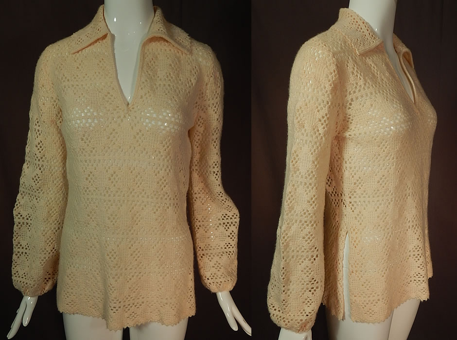 Vintage Dalton Virgin Cashmere Crochet Knit Pullover Sweater Balloon Sleeve Top
This vintage Dalton virgin cashmere crochet knit pullover sweater balloon sleeve top dates from the 1960s. It is made of a soft 100% virgin cashmere, with an off white sheer crochet lace knit fabric style and scalloped trim edging.