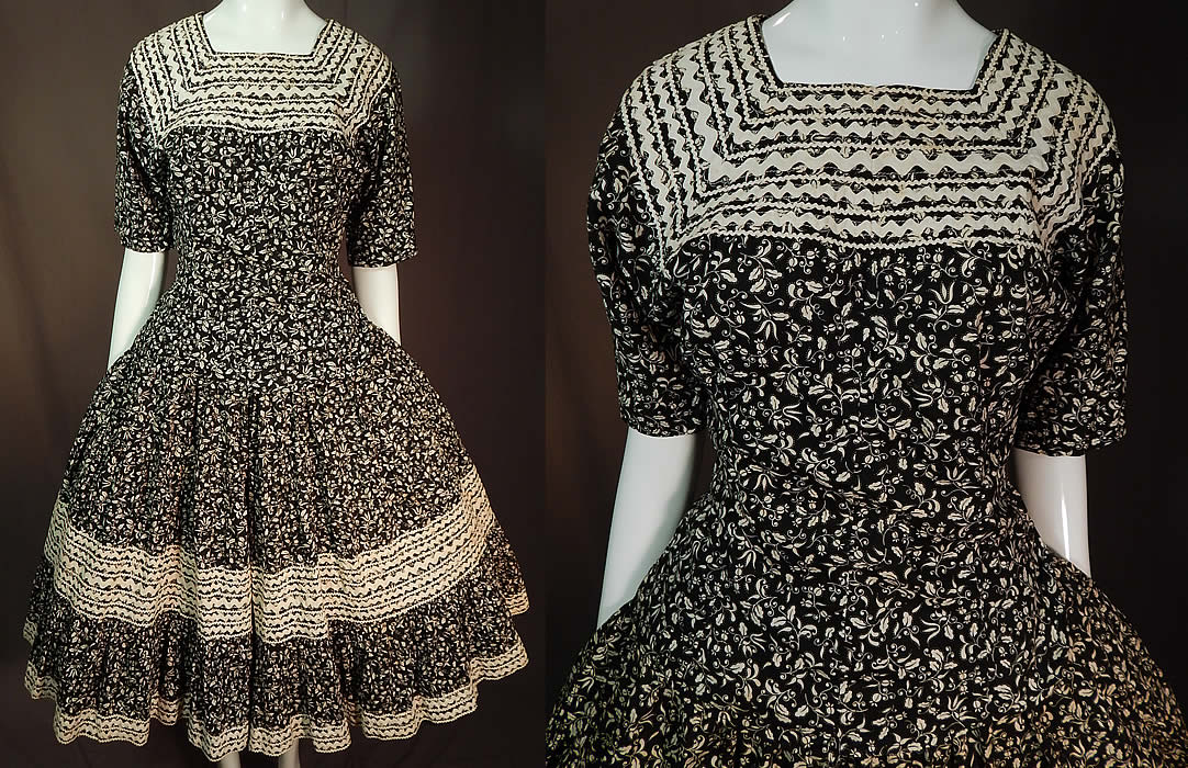 Vintage Justin's Prewitt New Mexico Fiesta Patio Squaw Dress Circle Skirt & Top
This vintage Justin's Prewitt New Mexico fiesta patio squaw dress circle skirt and top dates from the 1950s. It is made of a black and white floral vine leaf design print cotton fabric with white rick rack trim. This Southwestern style fiesta patio squaw dress has a full circle skirt with pleating, hook closures on the back and is unlined. 