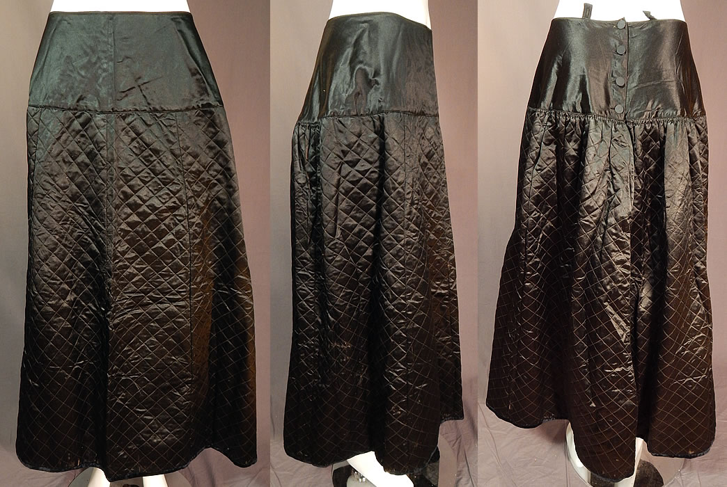 Victorian Antique Black Silk Quilted Wool Winter Petticoat Skirt
This antique Victorian era black silk quilted wool winter petticoat skirt dates from 1870.