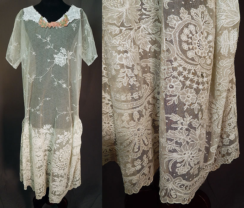 Vintage White Net Tambour Embroidery Lace Collar Rosette Trim Drop Waist Dress
This vintage white net tambour embroidery lace collar rosette trim drop waist dress dates from the 1920s. It is made of a patchwork variety of antique lace fabrics and trims, with a white sheer net lace fabric of fine tambour stitch embroidery work done in floral vine leaf pattern designs, an Irish crochet lace scalloped collar and pink pastel silk rosette ribbon work large flower appliqu&eacute;.
