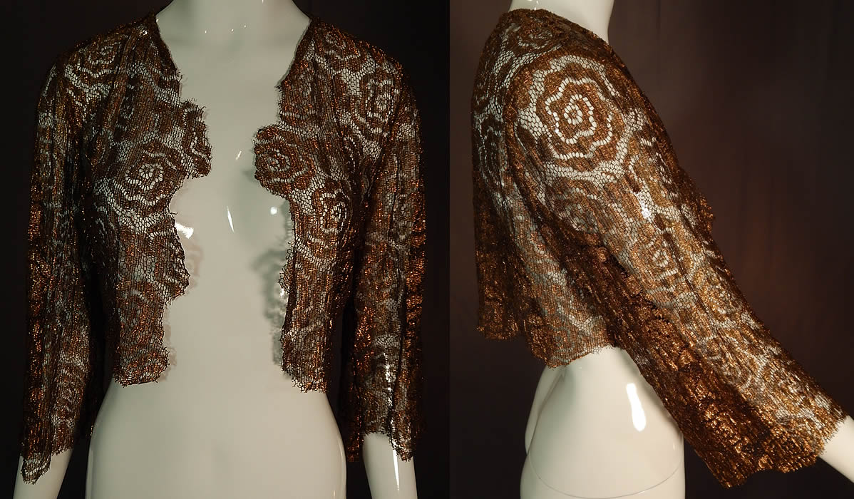 Vintage Art Deco Gold Metallic Lam&eacute; Lame Lace Crop Top Bolero Jacket Shrug
This lovely lace shrug style bolero jacket has a short cropped length with scalloped edging, an open front with no closure, long full sleeves and is sheer, unlined. The top measures 14 inches long, with a 36 inch bust, 15 inch long sleeves and 14 inch back. 