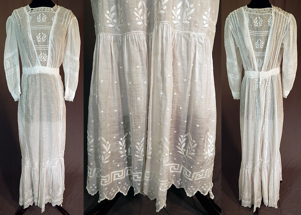 Edwardian Embroidered White Cotton Batiste Laurel Greek Key Polka Dot Embroidered Dress
This vintage Edwardian era white cotton batiste embroidered laurel Greek key polka dot dress dates from 1910. It is made of a sheer white cotton batiste lawn fabric, with a white raised padded satin stitch embroidery work whitework done in a decorative polka dot, laurel leaf, Greek key meander design and lace trim edging the collar and cuffs.