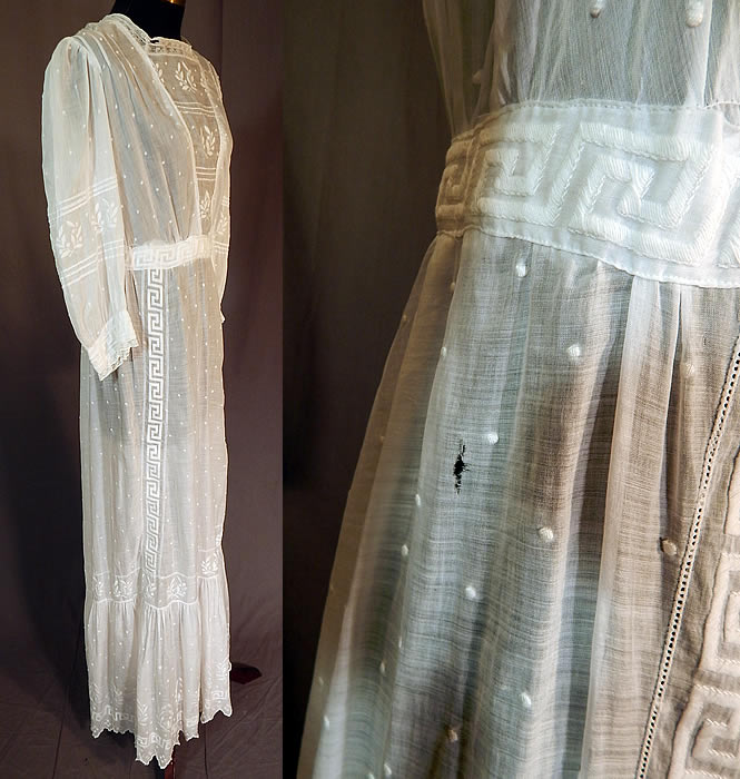 Edwardian Embroidered White Cotton Batiste Laurel Greek Key Polka Dot Embroidered Dress
The dress measures 57 inches long, with a 36 inch bust, 26 inch waist, 40 inch hips, 19 inch long sleeves and 14 inch back.