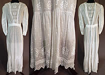 Edwardian Embroidered White Cotton Batiste Laurel Greek Key Polka Dot Embroidered Dress
